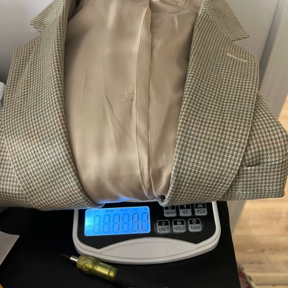 Haspel Mens Silk Wool Blazer Sport Coat 42R Tan Blue Micro Houndstooth 2 Button